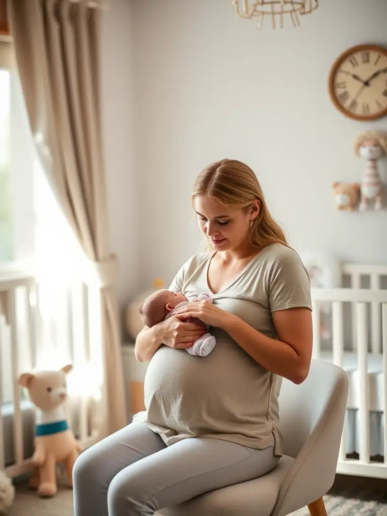 A mother breastfeeding her baby in a comfortable position, wearing a Precious Image Creations nursing top that provides easy and discreet access. The background is a cozy nursery setting.