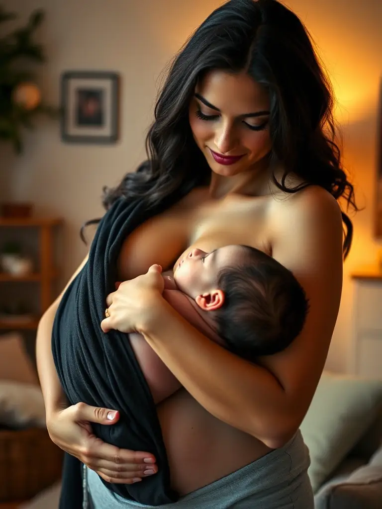 A mother gently holding her newborn against her chest, skin-to-skin, wearing a Precious Image Creations maternity wrap that facilitates easy and secure contact. The setting is a softly lit room, emphasizing the warmth and intimacy of the moment.