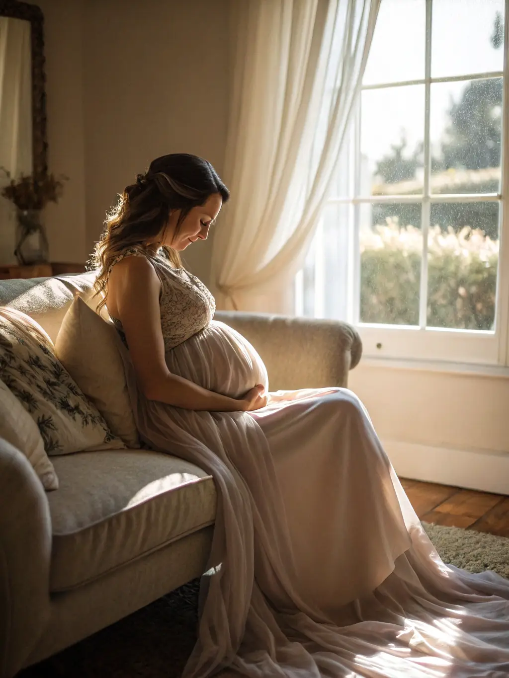 A postpartum woman wearing Precious Image Creations leggings and a tank top, comfortably lounging at home. The clothing is designed to provide gentle support and promote recovery.